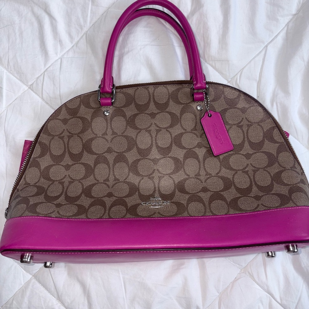 Coach Khaki Signature Dome Satchel with Bright Pink Trim
